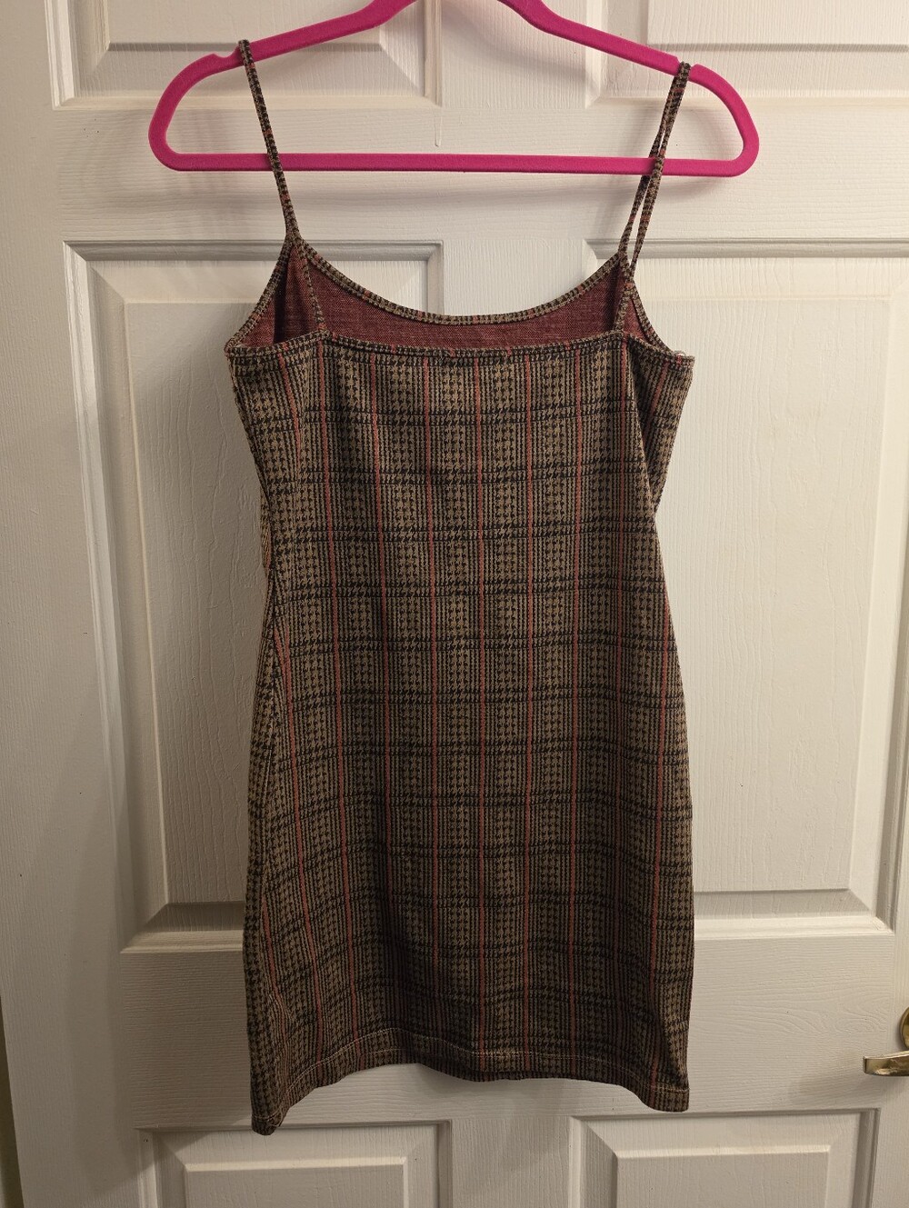 Popular 21 Brown Plaid Cami Bodycon Dress Red Stripe L - Picture 3 of 5